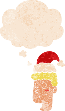 Düşünce baloncuklu noel şapkası takan karikatürcü adam, bir insan tarafından çizilmiş dertli retro tarzı.