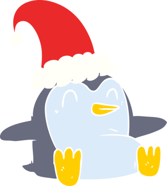 Bir insan tarafından çizilmiş bir noel şapkası giyen düz renkli penguen.