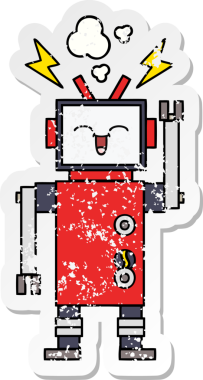 Bir insan tarafından çizilmiş sevimli bir robot çizgi film çıkartması.