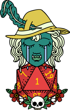 Retro Dövme Biçimi Ağlayan Ozan Ozan Karakteri Bir insan tarafından çizilmiş doğal bir D20 rulosu