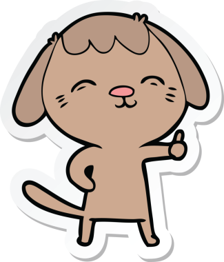 Bir insan tarafından çizilmiş işaret veren mutlu bir çizgi köpeğin çıkartması.