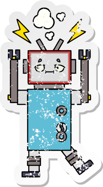 Bir insan tarafından çizilmiş sevimli bir robot çizgi film çıkartması.