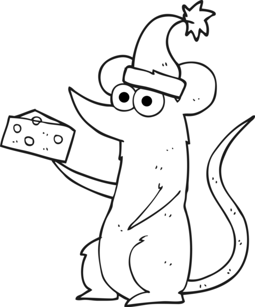 Bir insan tarafından çizilmiş peynirli siyah beyaz çizgi roman faresi.