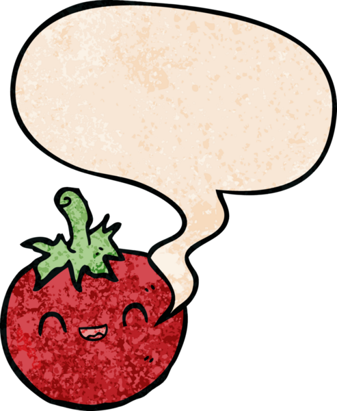 Bir insan tarafından çizilmiş eski dokuma tarzında konuşma baloncuğu olan şirin bir domates.