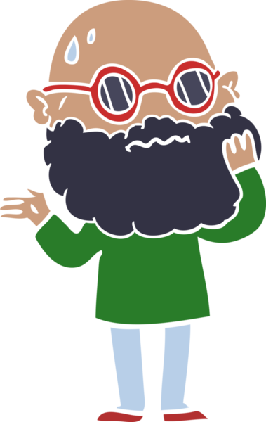 Düz renkli çizgi film. Sakallı ve güneş gözlüklü endişeli bir adam. Bir insan tarafından çizilmiş.