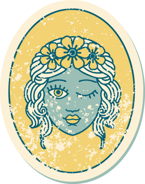 İkonik sıkıntılı dövme stili. Çiçekten taç takmış bir kız resmi. Bir insan tarafından çizilmiş.