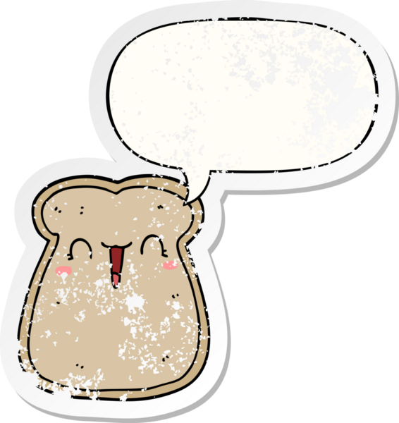 Tatlı bir tost dilimi. Konuşma baloncuğu. Bir insan tarafından çizilmiş sıkıntılı eski bir çıkartma.