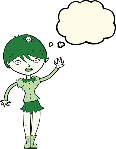 Bir insan tarafından çizilmiş düşünce balonuyla el sallayan vampir kız.