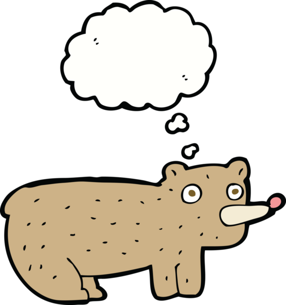 Bir insan tarafından çizilmiş düşünce baloncuklu komik çizgi film ayısı.