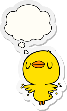 Düşünce baloncuğuyla kanat çırpan karikatür civcivi insan tarafından çizilmiş bir çıkartma gibi