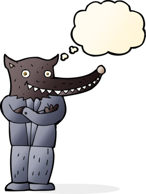 Bir insan tarafından çizilmiş düşünce balonlu bir kurt adam.