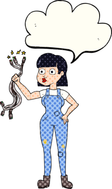 El yazısıyla çizilmiş çizgi roman konuşma balonu karikatürü kadın elektrikçi bir insan tarafından çizilmiş.