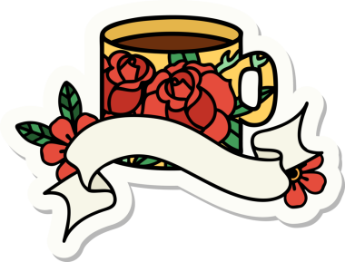 Bir fincanın pankartıyla dövme stili çıkartması ve bir insanın çizdiği çiçekler