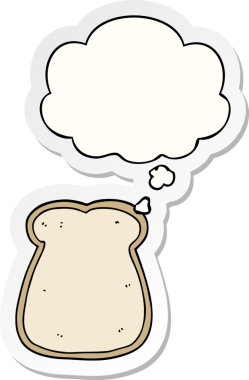 Düşünce baloncuklu bir ekmek dilimi insan tarafından çizilmiş bir çıkartma gibi.