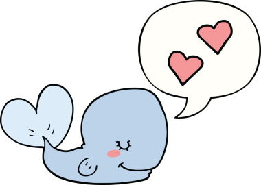 Bir insan tarafından çizilmiş konuşma balonuna aşık çizgi film balinası.