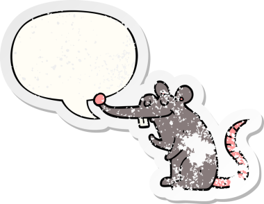 Konuşma baloncuğu olan çizgi film faresi bir insan tarafından çizilmiş sıkıntılı eski bir çıkartma