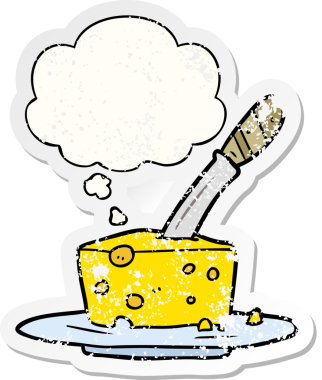Düşünce baloncuklu çizgi film peyniri insan tarafından çizilmiş yıpranmış bir çıkartma gibi.