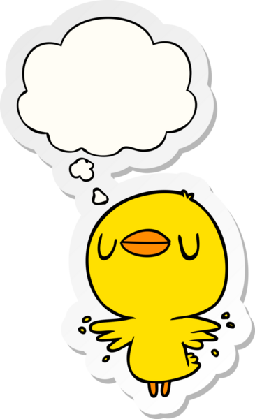 Düşünce baloncuğuyla kanat çırpan karikatür civcivi insan tarafından çizilmiş bir çıkartma gibi