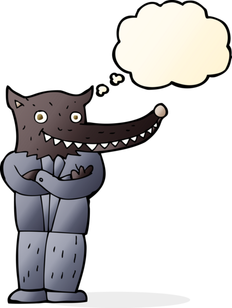 Bir insan tarafından çizilmiş düşünce balonlu bir kurt adam.