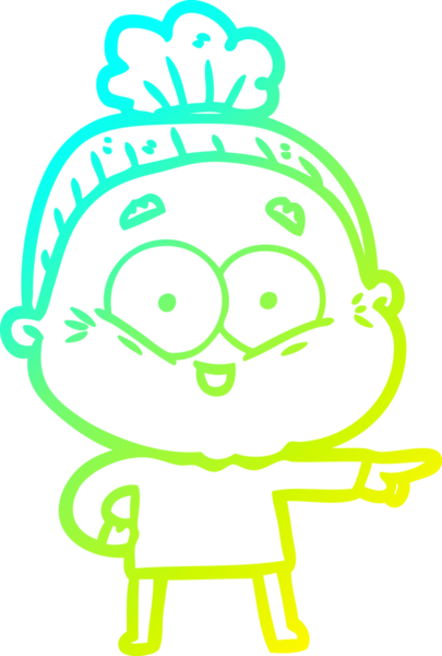 Bir insan tarafından çizilmiş, mutlu, yaşlı bir kadının çizimi.