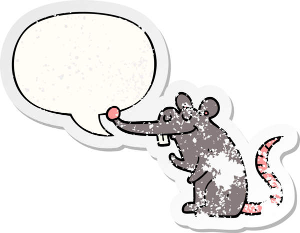 Konuşma baloncuğu olan çizgi film faresi bir insan tarafından çizilmiş sıkıntılı eski bir çıkartma