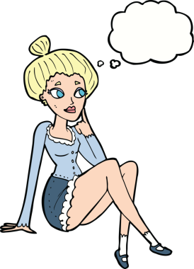 Bir insan tarafından çizilmiş düşünce balonuyla oturan çekici bir kadın.