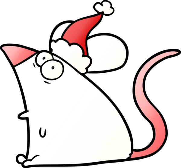 Korkmuş bir farenin insan tarafından çizilmiş Noel Baba şapkası giymiş el çizimi karikatürü.