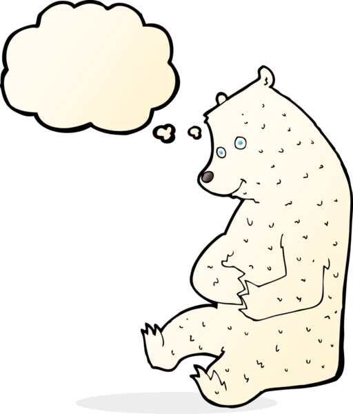 Bir insan tarafından çizilmiş düşünce baloncuklu mutlu kutup ayısı çizgi filmi.