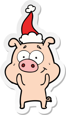 Bir insan tarafından çizilmiş Noel Baba şapkası takan bir domuzun mutlu el çizimi karikatürü.