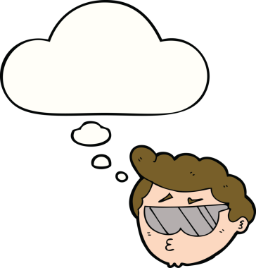 Düşünce baloncuğu çizilmiş güneş gözlüğü takan çizgi film çocuğu.