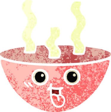 Bir insan tarafından çizilmiş sıcak bir çorba kasesinin retro çizim tarzı karikatürü.