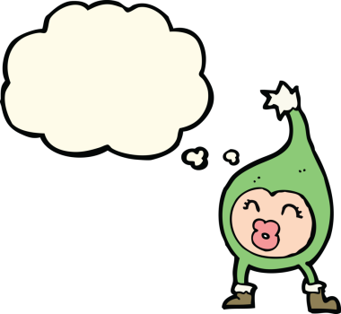 Bir insan tarafından çizilmiş düşünce baloncuğu olan komik bir Noel yaratığı.