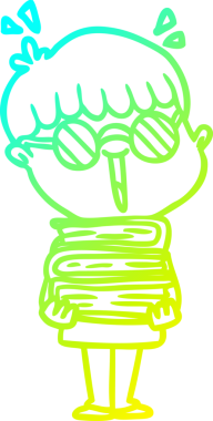 Bir insan tarafından çizilmiş inanılmaz kitapları olan bir çizgi film çocuğu çizimi.