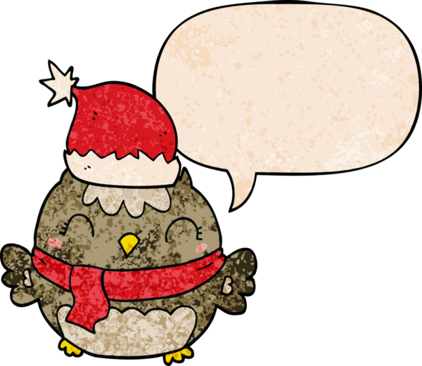 Bir insan tarafından çizilmiş geçmişe dönük konuşma baloncuklu şirin noel baykuşu.