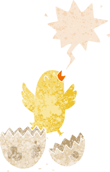 Yumurtadan yumurtadan çıkan çizgi film kuşu grunge 'de konuşma baloncuğu ile bir insan tarafından çizilmiş, sıkıntılı retro dokuma tarzı