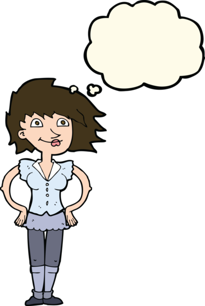 Bir insan tarafından çizilmiş düşünce baloncuğu olan elleri kalçasında çizgi film kadını.