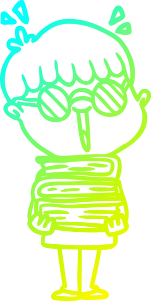 Bir insan tarafından çizilmiş inanılmaz kitapları olan bir çizgi film çocuğu çizimi.