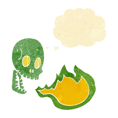 Bir insan tarafından çizilmiş düşünce baloncuklu ateş soluyan kafatası.