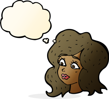 Bir insan tarafından çizilmiş düşünce baloncuğuyla ilgilenen çizgi film kadını.