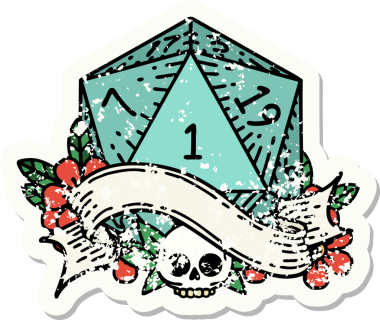 Bir insan tarafından çizilmiş doğal bir d20 zarının grunge çıkartması.