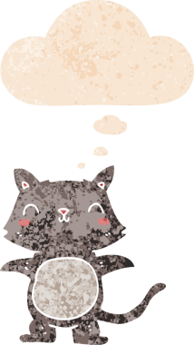 grunge 'da düşünce baloncuğu olan çizgi film kedisi bir insan tarafından çizilmiş dertli retro desenli