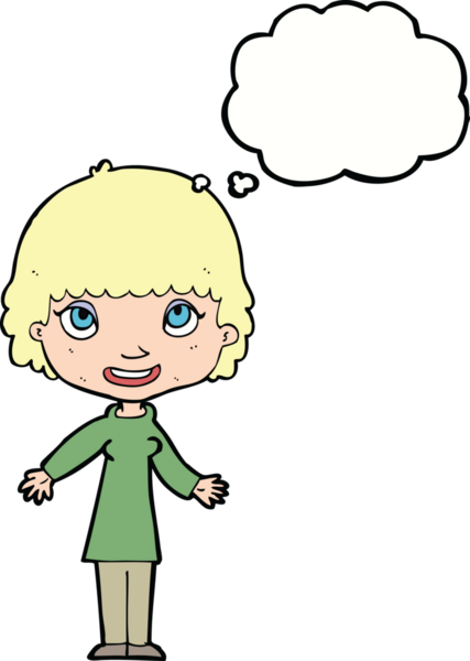 Bir insan tarafından çizilmiş düşünce balonlu mutlu kadın çizgi filmi.