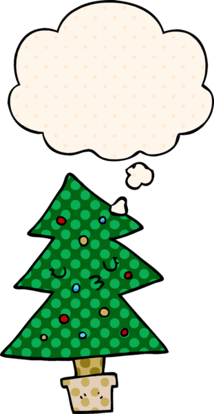 Çizgi roman tarzında bir insan tarafından çizilmiş düşünce baloncuğu olan bir noel ağacı.
