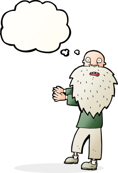 Karikatür sakallı yaşlı adam. Düşünce baloncuğu insan tarafından çizilmiş.
