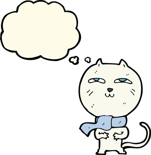 Bir insan tarafından çizilmiş düşünce baloncuklu fular takan komik bir kedi.