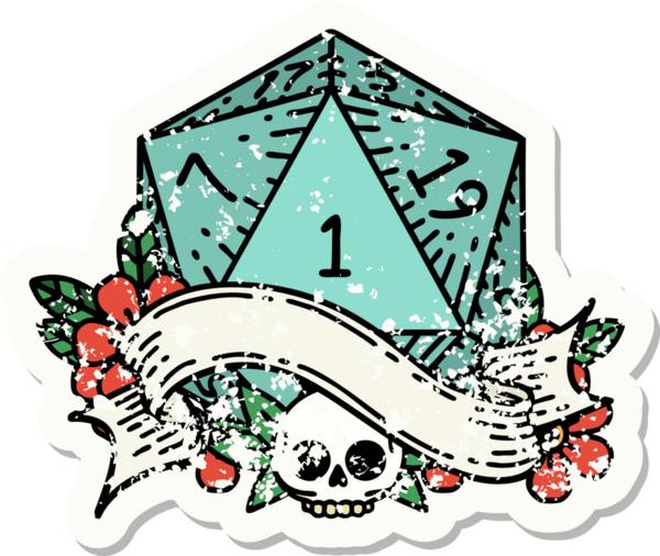 Bir insan tarafından çizilmiş doğal bir d20 zarının grunge çıkartması.