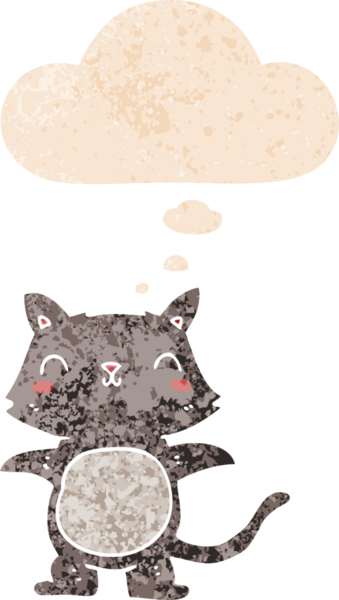 grunge 'da düşünce baloncuğu olan çizgi film kedisi bir insan tarafından çizilmiş dertli retro desenli