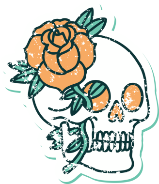 Bir insan tarafından çizilmiş kafatası ve gülün sembolik dövmeli görüntüsü.