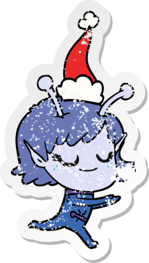 Gülümseyen uzaylı kız eli çizilmiş bir insan tarafından çizilmiş Noel Baba şapkası takan bir koşucunun çıkartması.