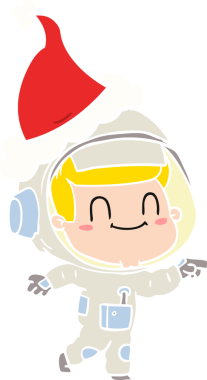 Mutlu el çizimi düz renk çizimi. Bir astronot Noel Baba şapkası takıyor. Bir insan tarafından çizilmiş.